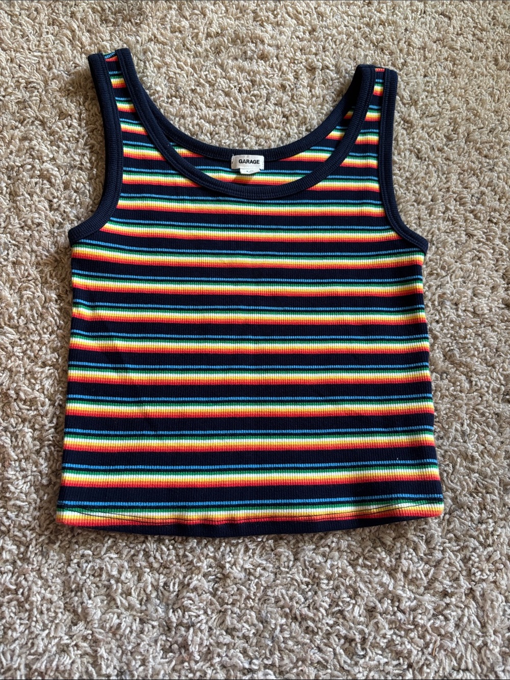 Garage Multicolor Rainbow Stripe Tank with Navy Trim